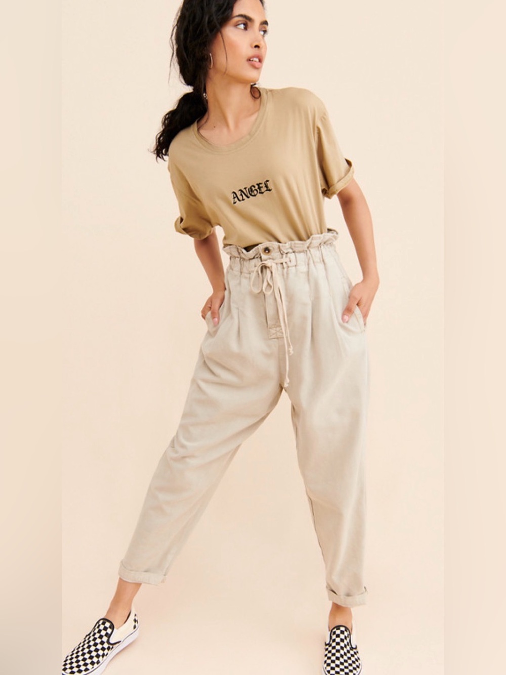 FREE PEOPLE SM Margate Tan Drawstring Pleated Crop Trouser Pants Cotton Blend